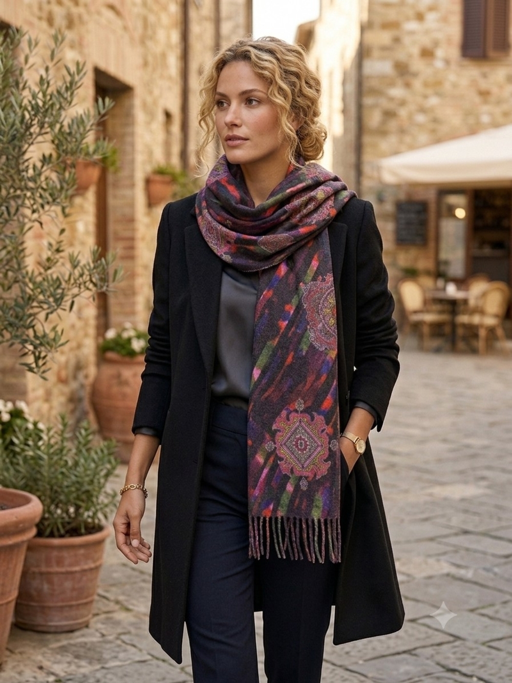 Blossom Garden Italy Wool Cashmere Scarf Wrap Shawl Paisley Medallion Fringe